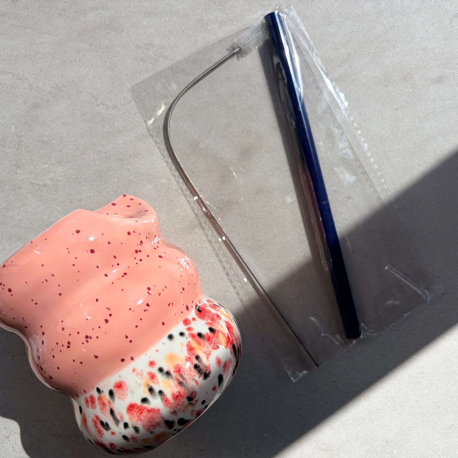 Handcrafted Porcelain Tumbler with Silicon Straw, 600mL Bubble Cup in Strawberry Boba Glaze