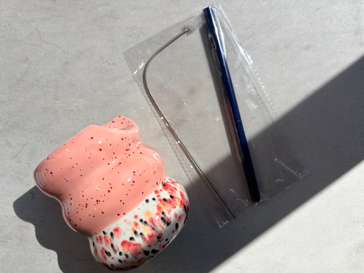 Handcrafted Porcelain Tumbler with Silicon Straw, 600mL Bubble Cup in Strawberry Boba Glaze