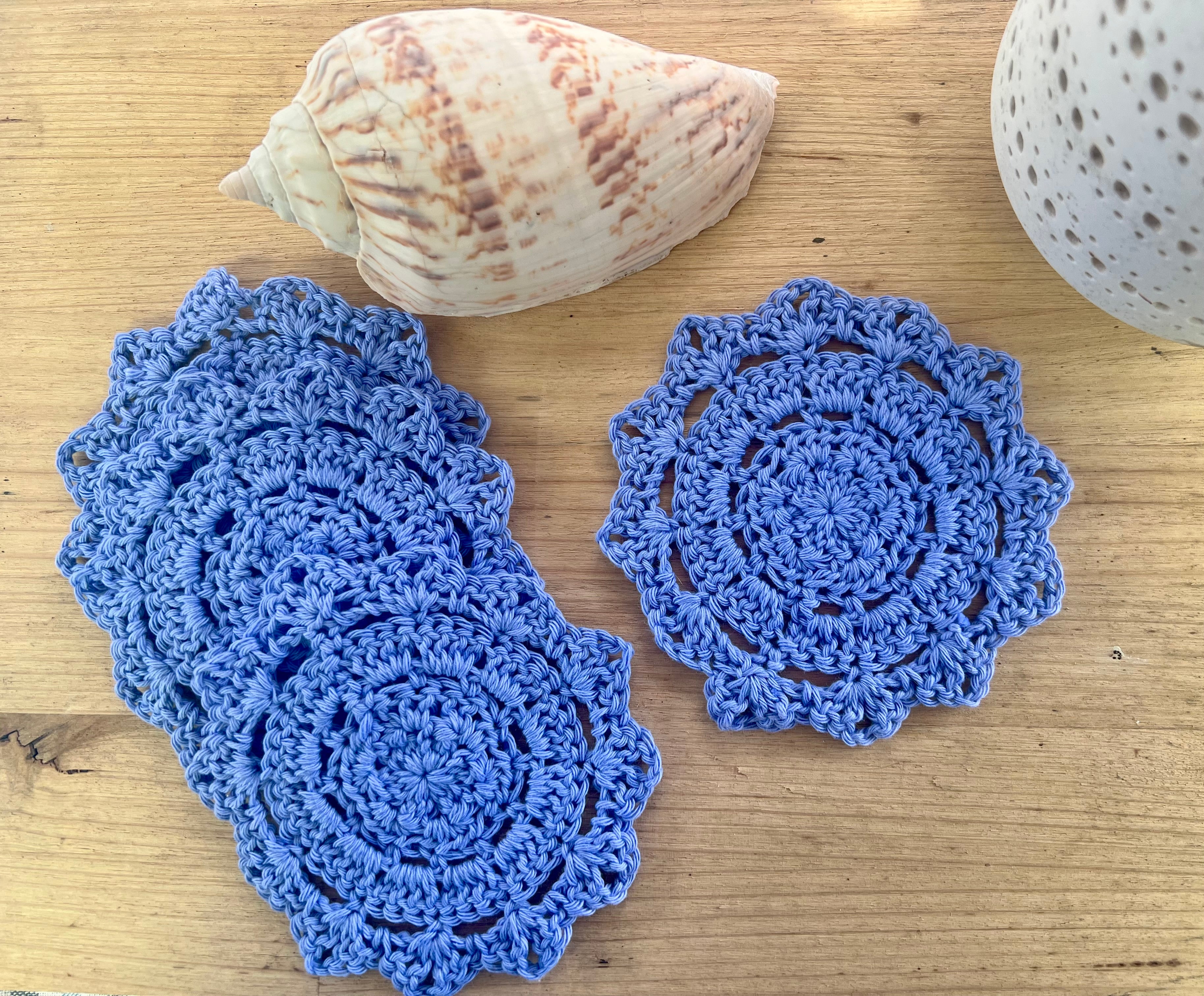 Crochet Coasters Set of 4, Cotton Mandala Coasters, Coastal Boho Home Decor