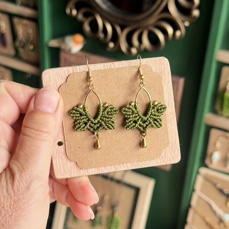 Macrame Brass Elipse Hoop with Leaf - earthy forest fae collection