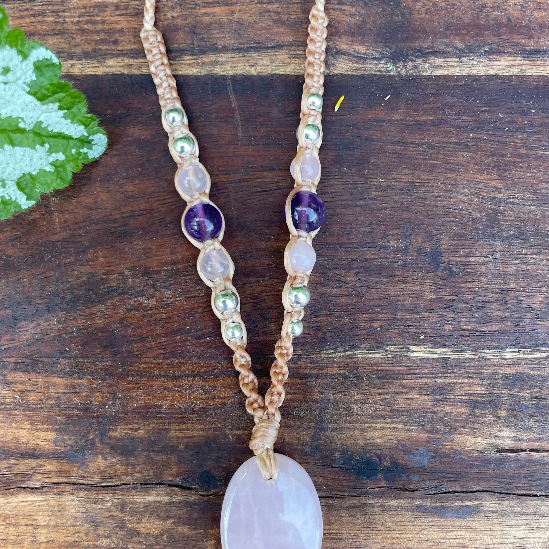 Rose Quartz Pendant, Oval, beaded necklace macrame adjustable