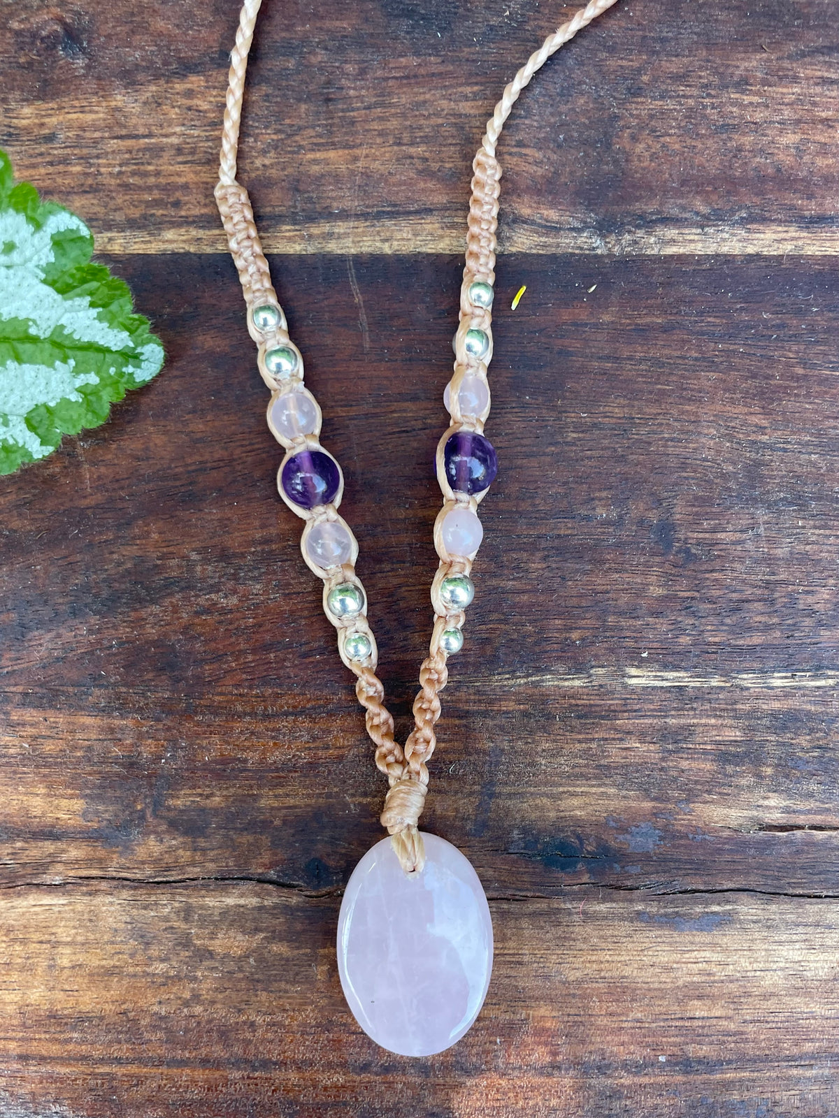Rose Quartz Pendant, Oval, beaded necklace macrame adjustable