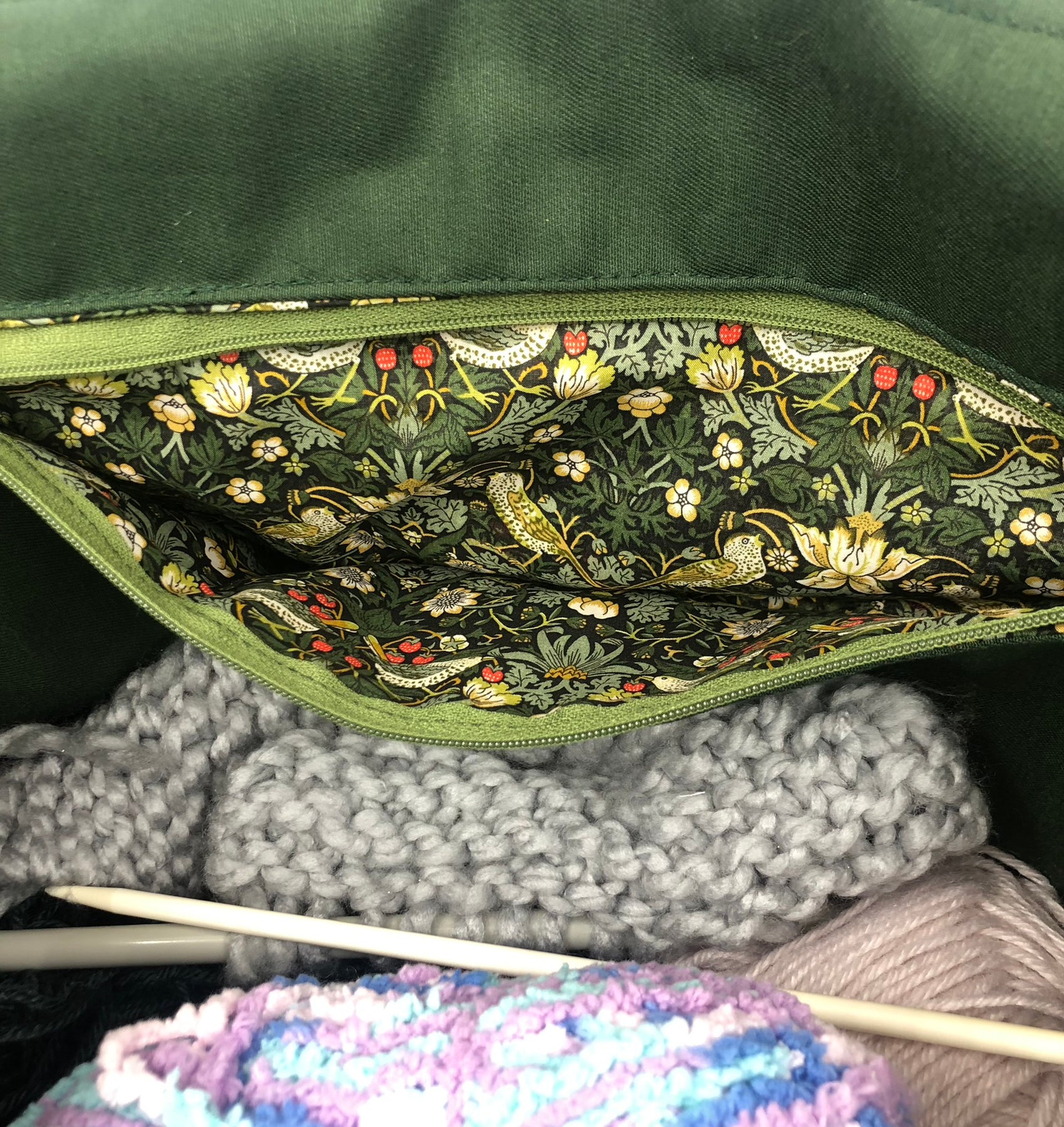 Liberty fabric Strawberry thief tote project bag - fully lined in vintage green drill - reversible - large zipper pocket