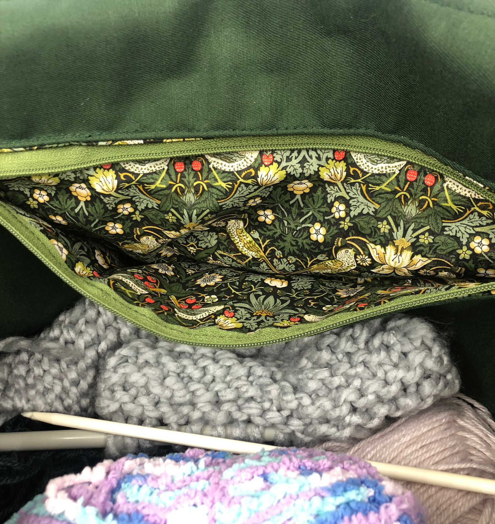 Liberty fabric Strawberry thief tote project bag - fully lined in vintage green drill - reversible - large zipper pocket