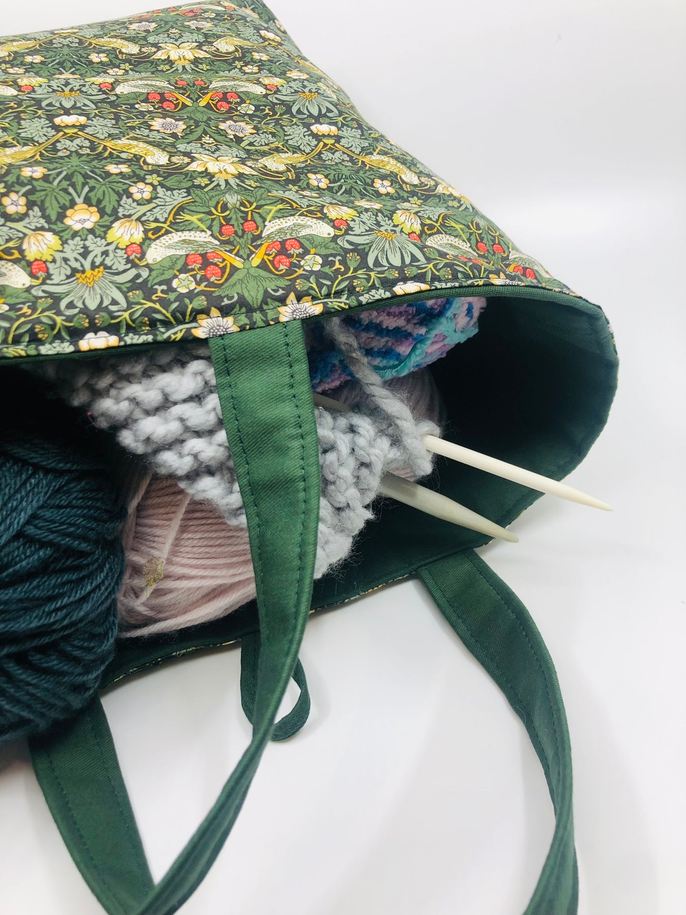 Liberty fabric Strawberry thief tote project bag - fully lined in vintage green drill - reversible - large zipper pocket