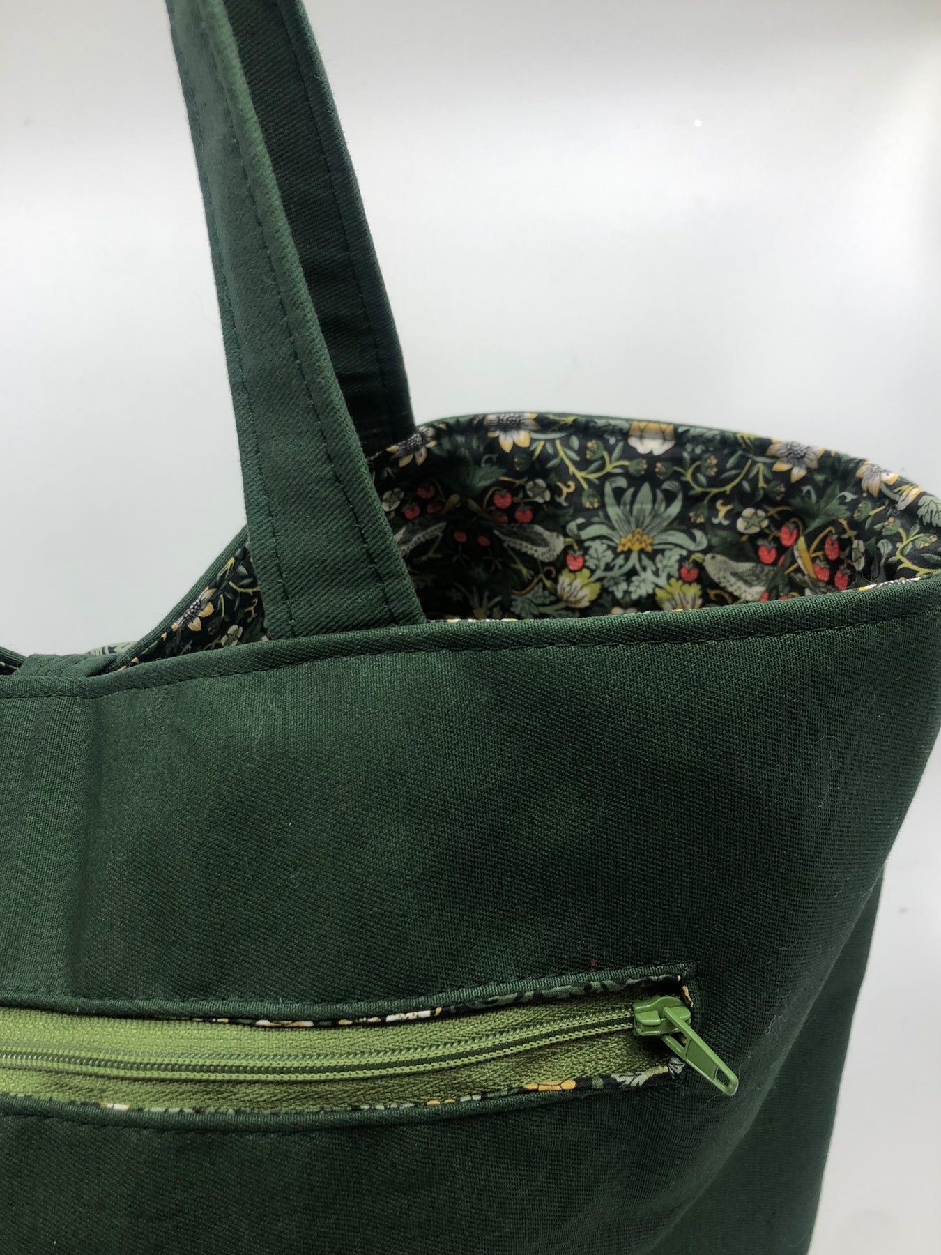Liberty fabric Strawberry thief tote project bag - fully lined in vintage green drill - reversible - large zipper pocket