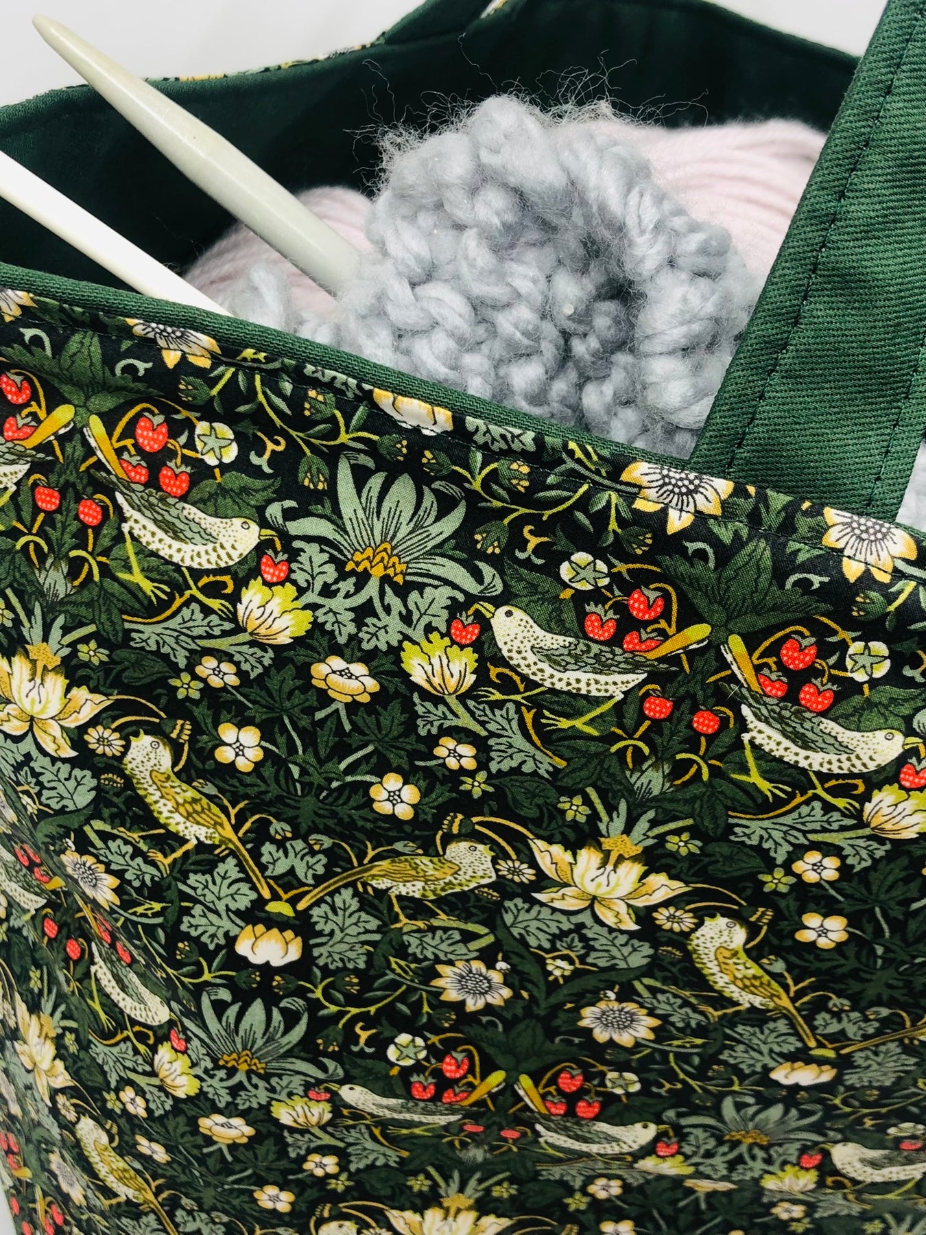 Liberty fabric Strawberry thief tote project bag - fully lined in vintage green drill - reversible - large zipper pocket