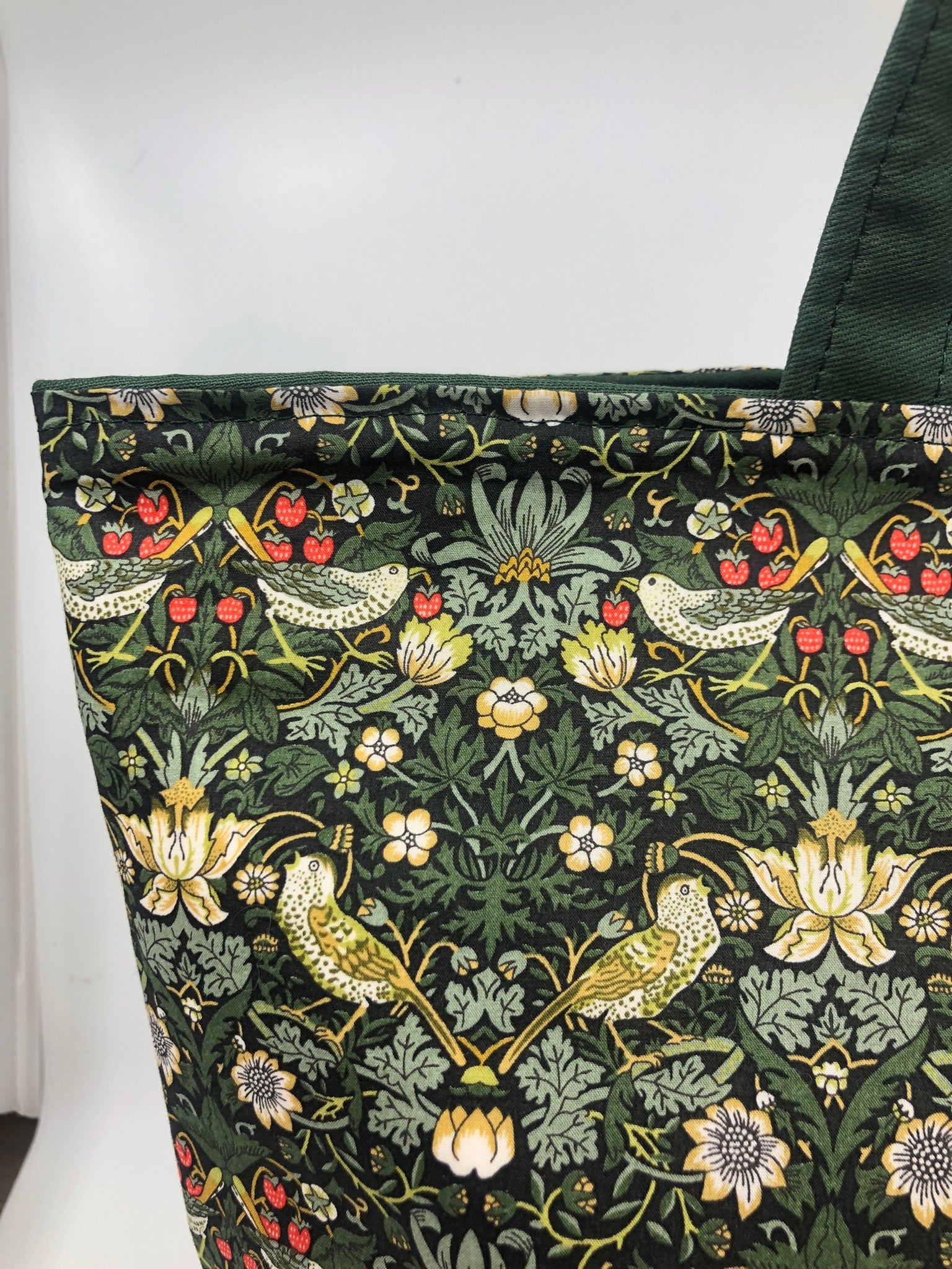 Liberty fabric Strawberry thief tote project bag - fully lined in vintage green drill - reversible - large zipper pocket
