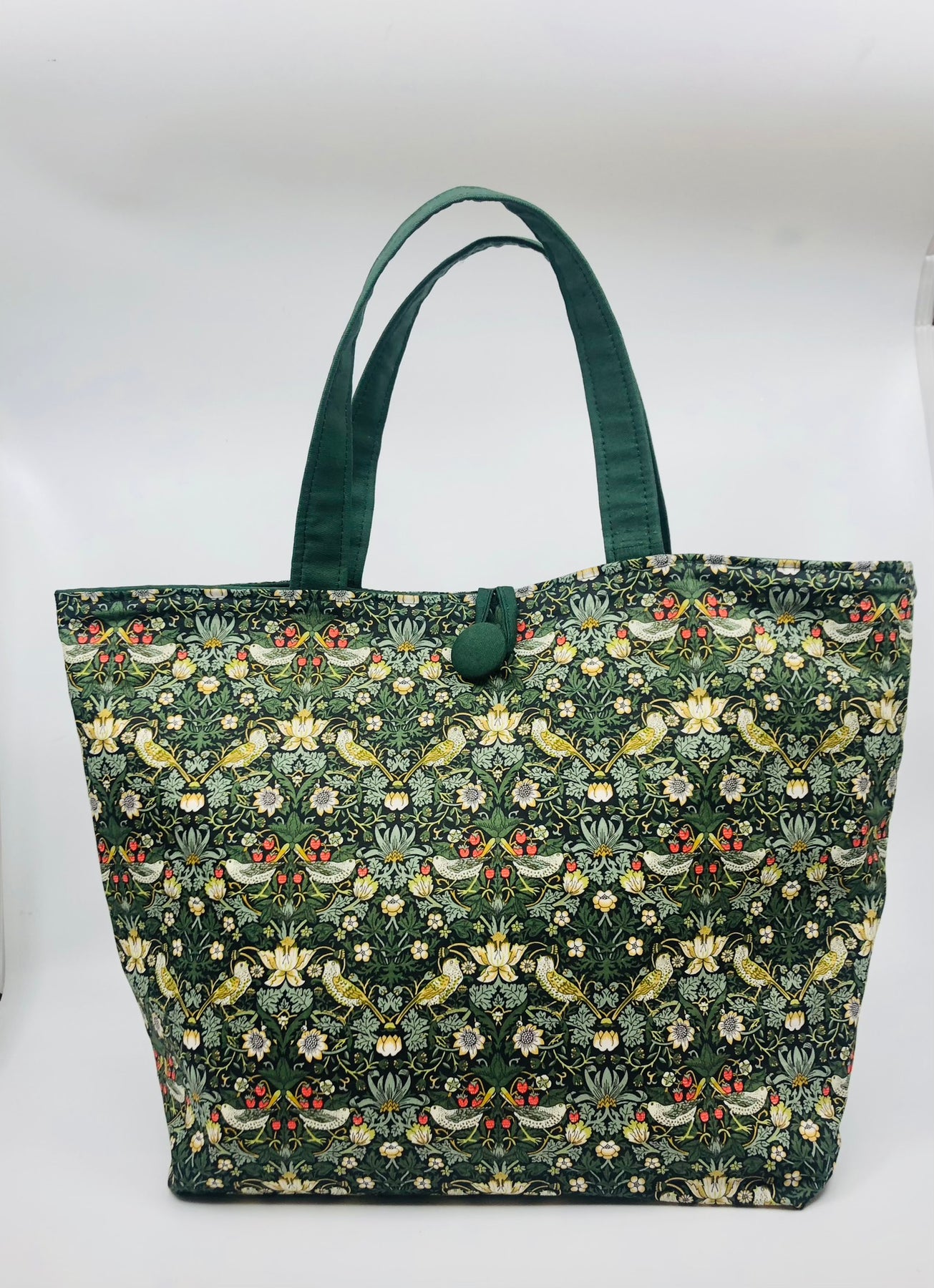Liberty fabric Strawberry thief tote project bag - fully lined in vintage green drill - reversible - large zipper pocket