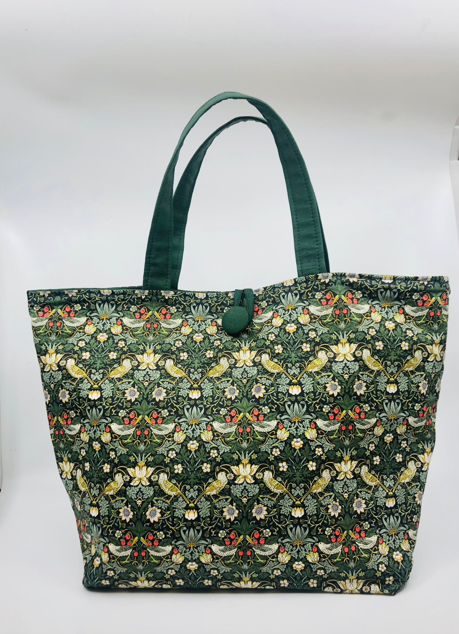 Liberty fabric Strawberry thief tote project bag - fully lined in vintage green drill - reversible - large zipper pocket