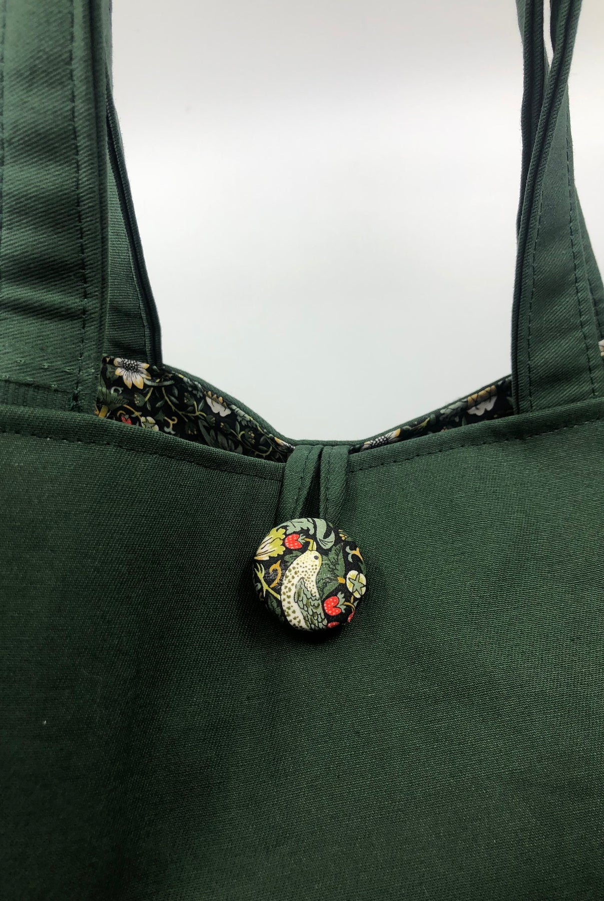 Liberty fabric Strawberry thief tote project bag - fully lined in vintage green drill - reversible - large zipper pocket