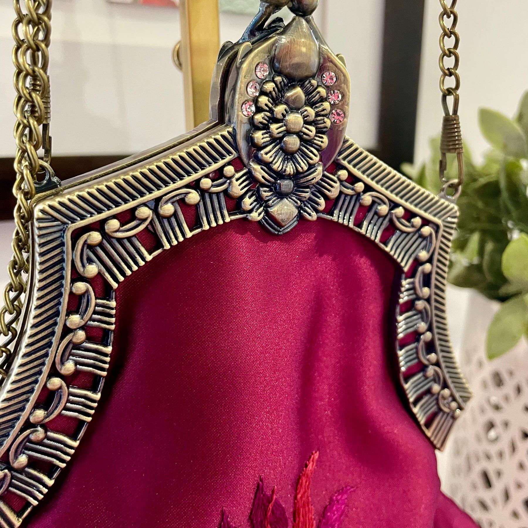 Reclaimed Plum Satin Handbag with Brass Clasp and Embroidery