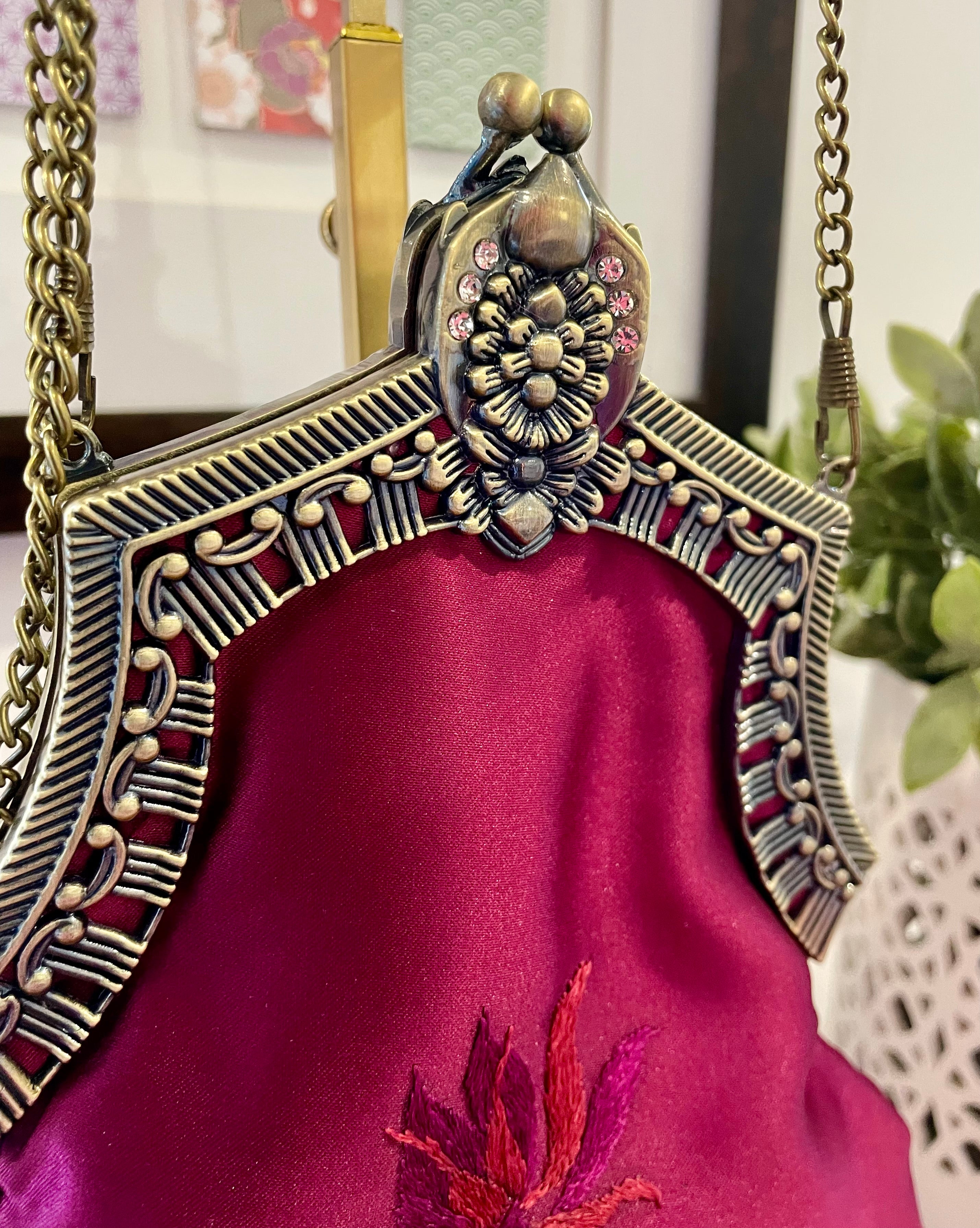 Reclaimed Plum Satin Handbag with Brass Clasp and Embroidery
