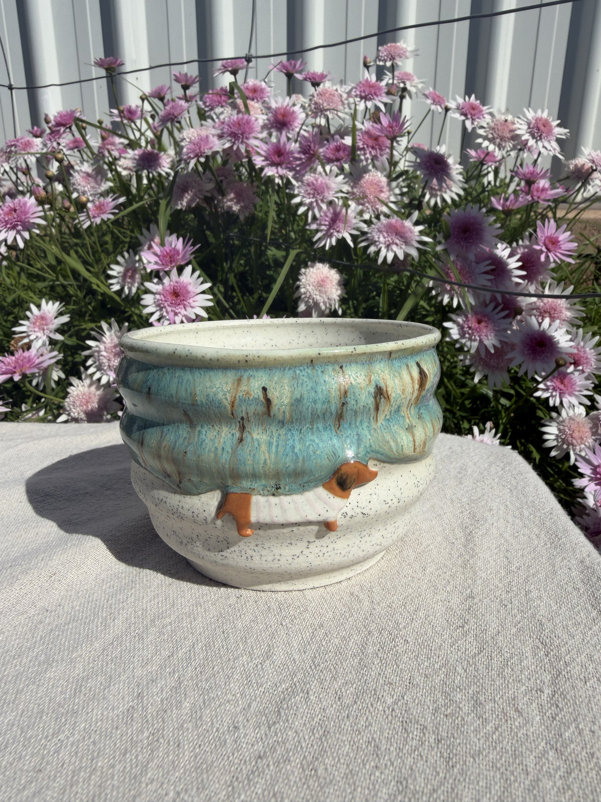 Handmade Pottery Dachshund Cup – Sausage Dog with Ocean Wave Glaze mug