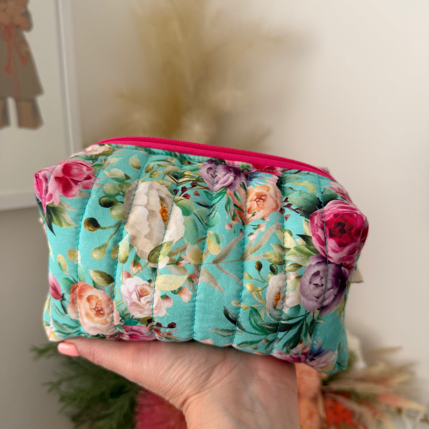 Set of 2 - Floral Boxy Zipper Pouch - Aqua Floral