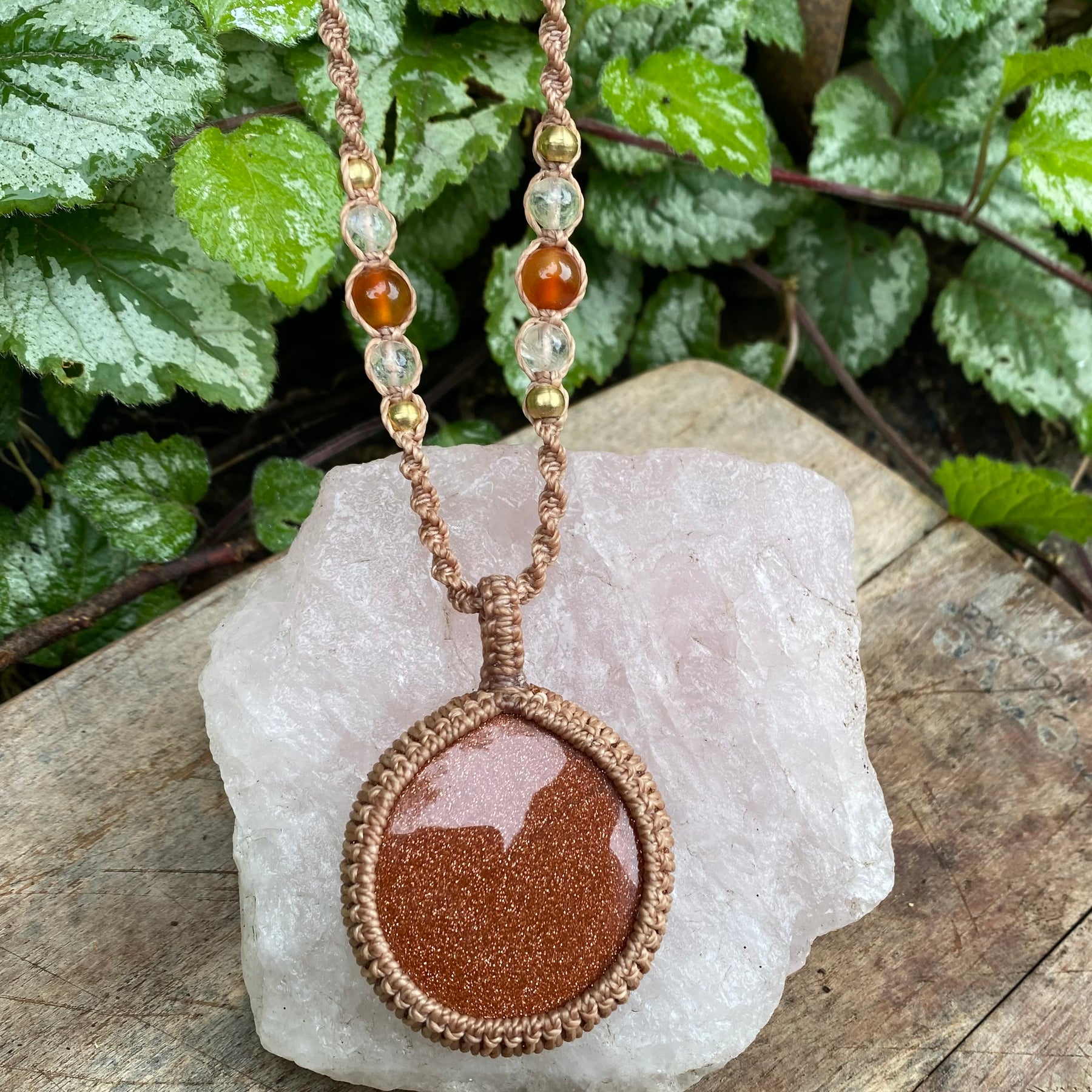 Goldstone Macrame Pendant Necklace, Carnelian Citrine Boho Style,