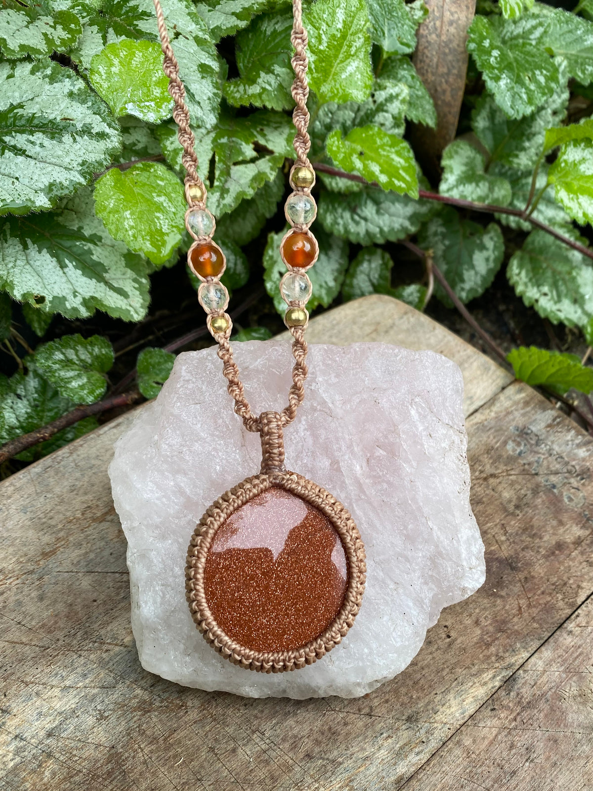 Goldstone Macrame Pendant Necklace, Carnelian Citrine Boho Style,