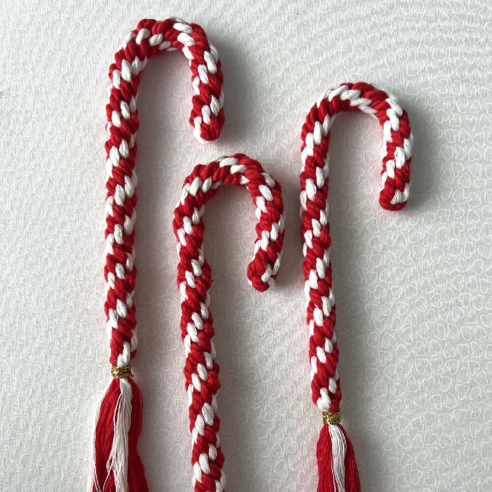 Christmas Candy Cane Macrame Ornaments Set of 3