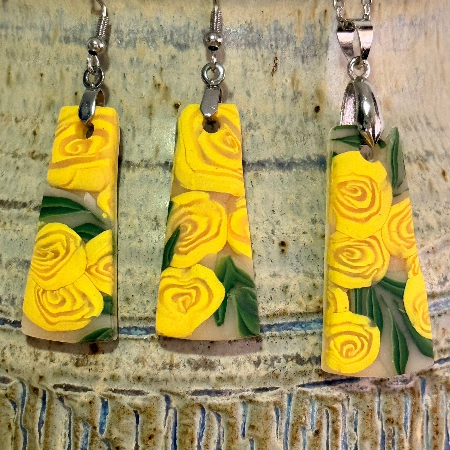 Polymer Clay Yellow Rose Jewellery Set – Earrings & Necklace