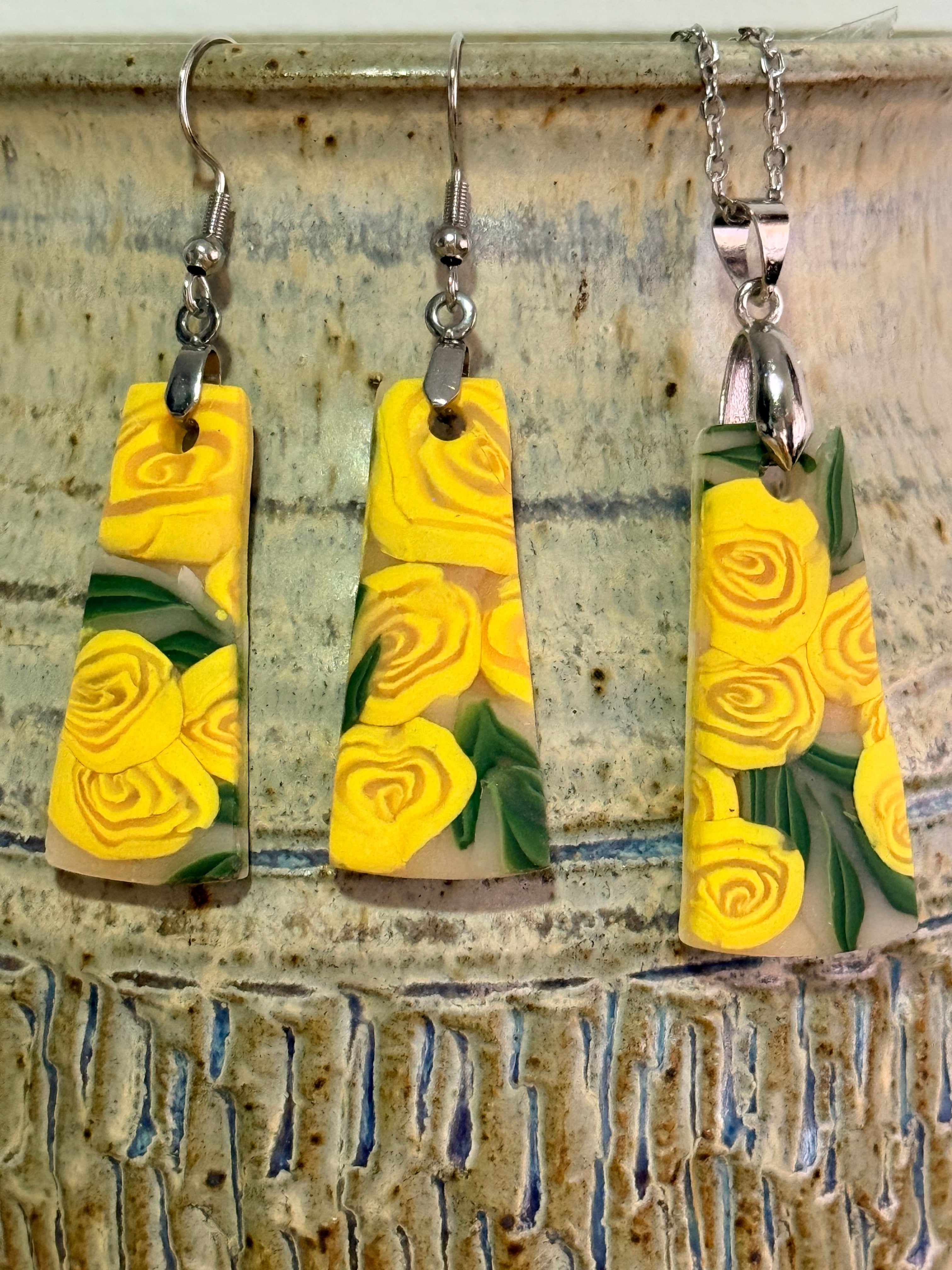 Polymer Clay Yellow Rose Jewellery Set – Earrings & Necklace
