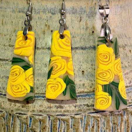 Polymer Clay Yellow Rose Jewellery Set – Earrings & Necklace