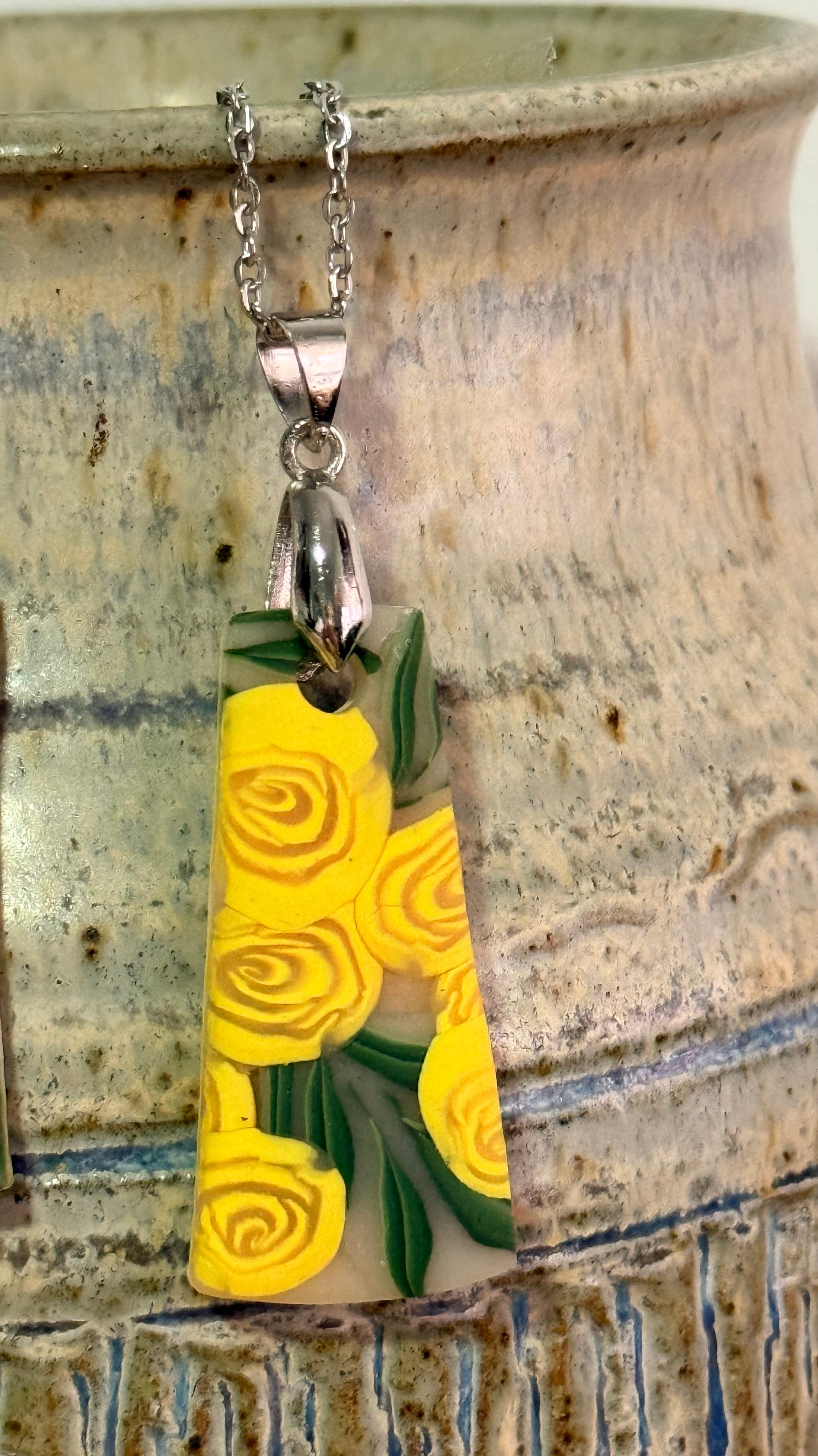 Polymer Clay Yellow Rose Jewellery Set – Earrings & Necklace