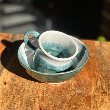 Sea Glass Handmade Mug & Bowl Set | Australian Stoneware Pottery