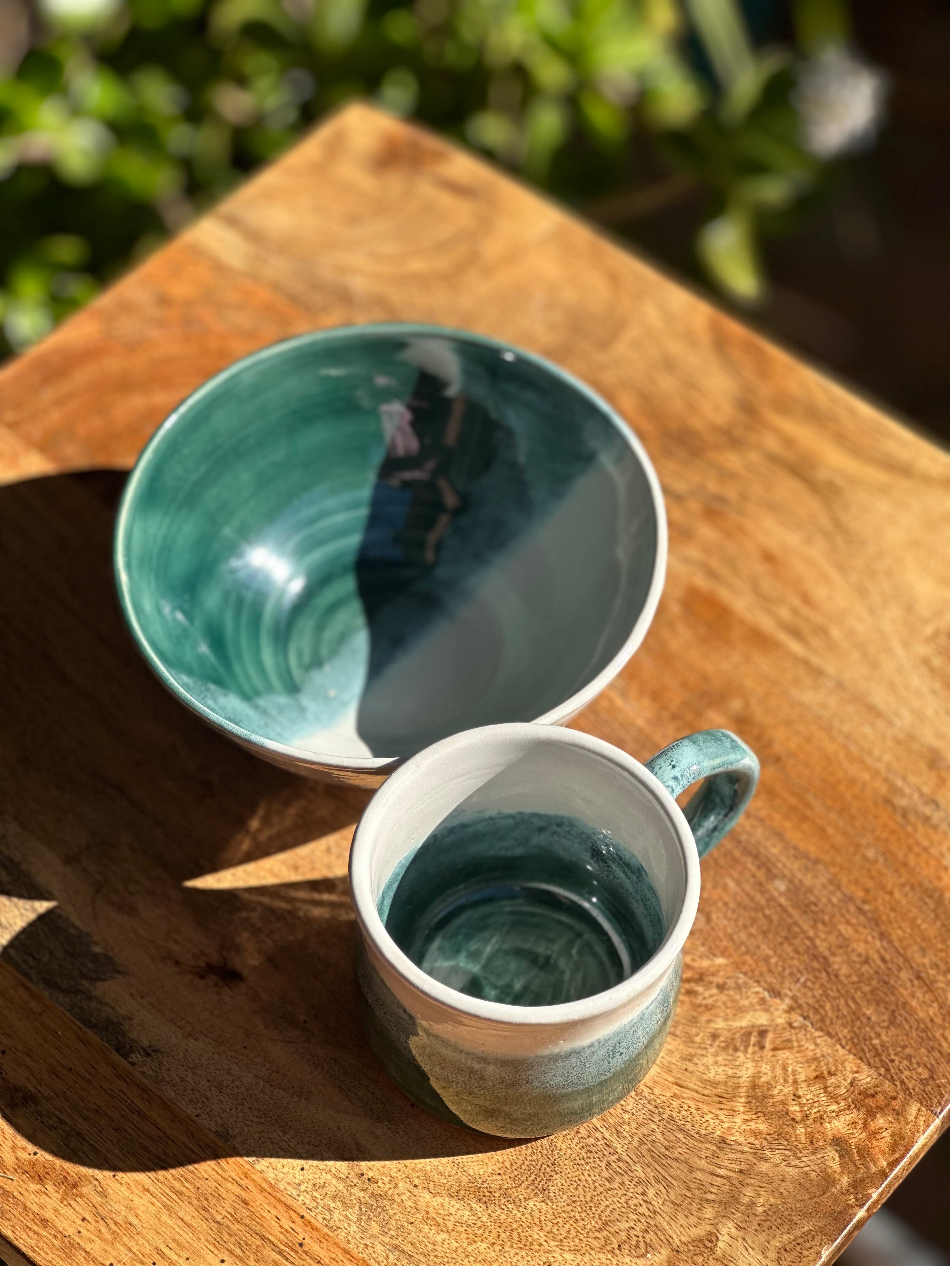 Sea Glass Handmade Mug & Bowl Set | Australian Stoneware Pottery