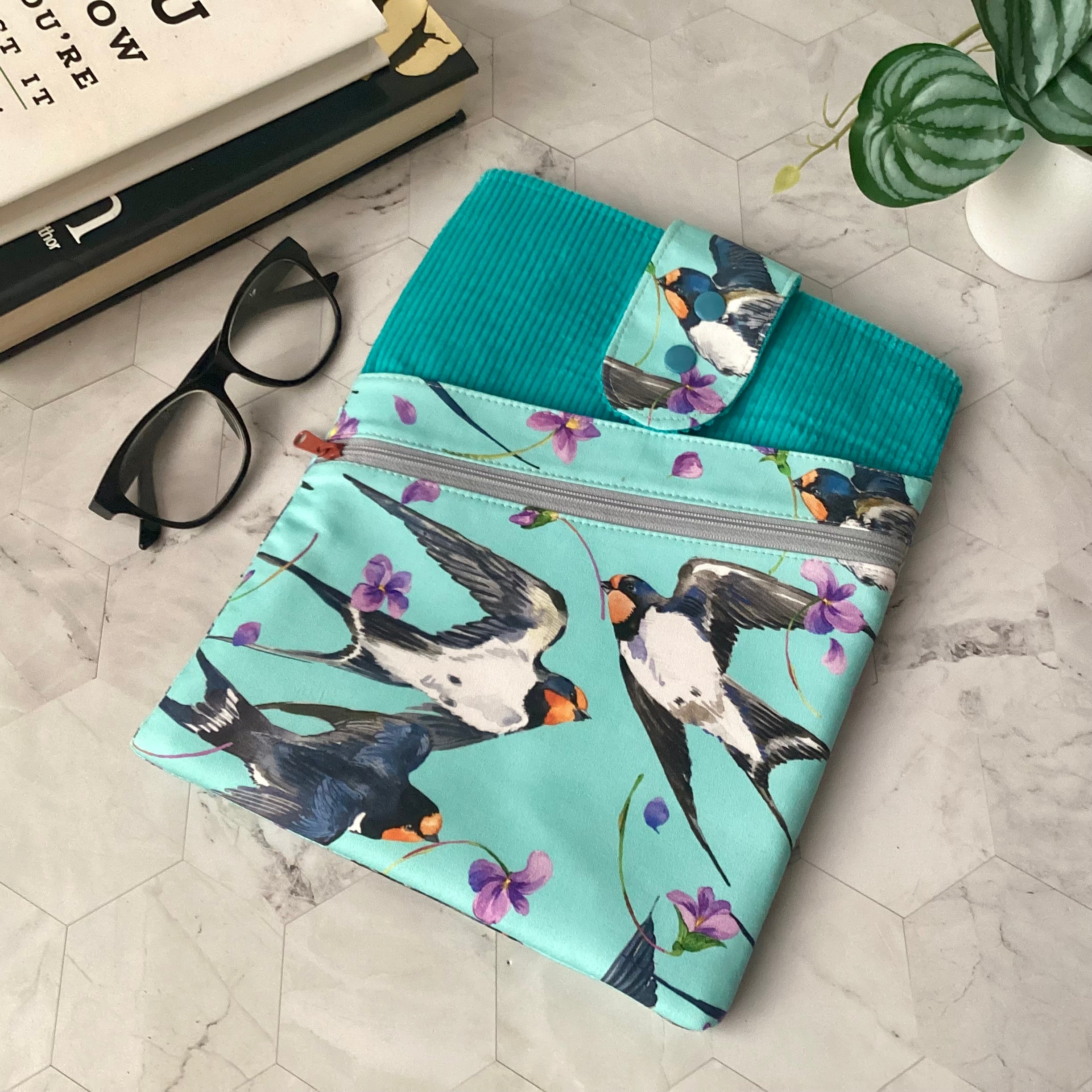 Swallows birds fabric book sleeve with 2 pockets. iPad, tablet pouch