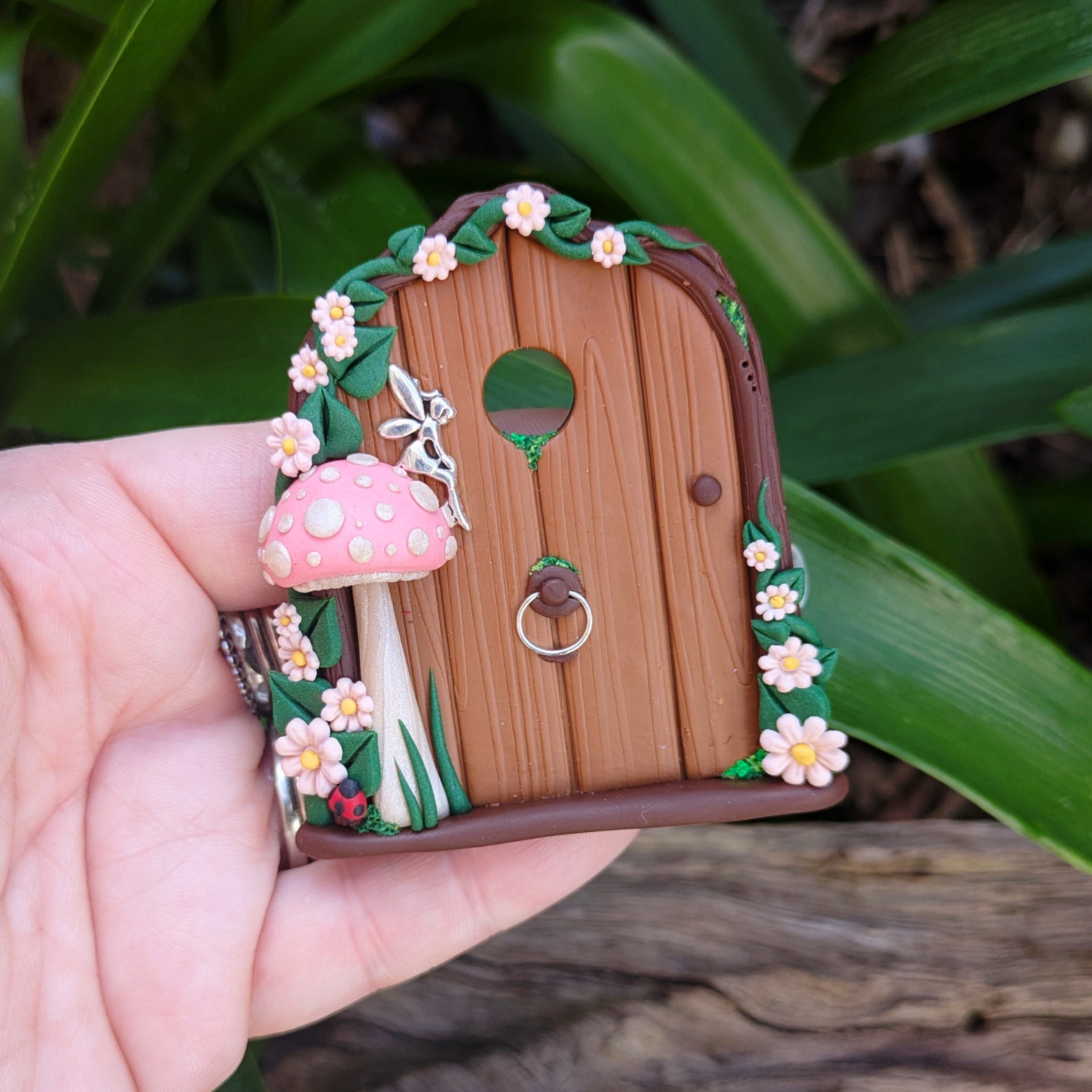 Mini Woodland Fairy Door with Pink Mushroom & Silver Fairy