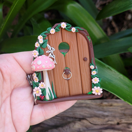 Mini Woodland Fairy Door with Pink Mushroom & Silver Fairy