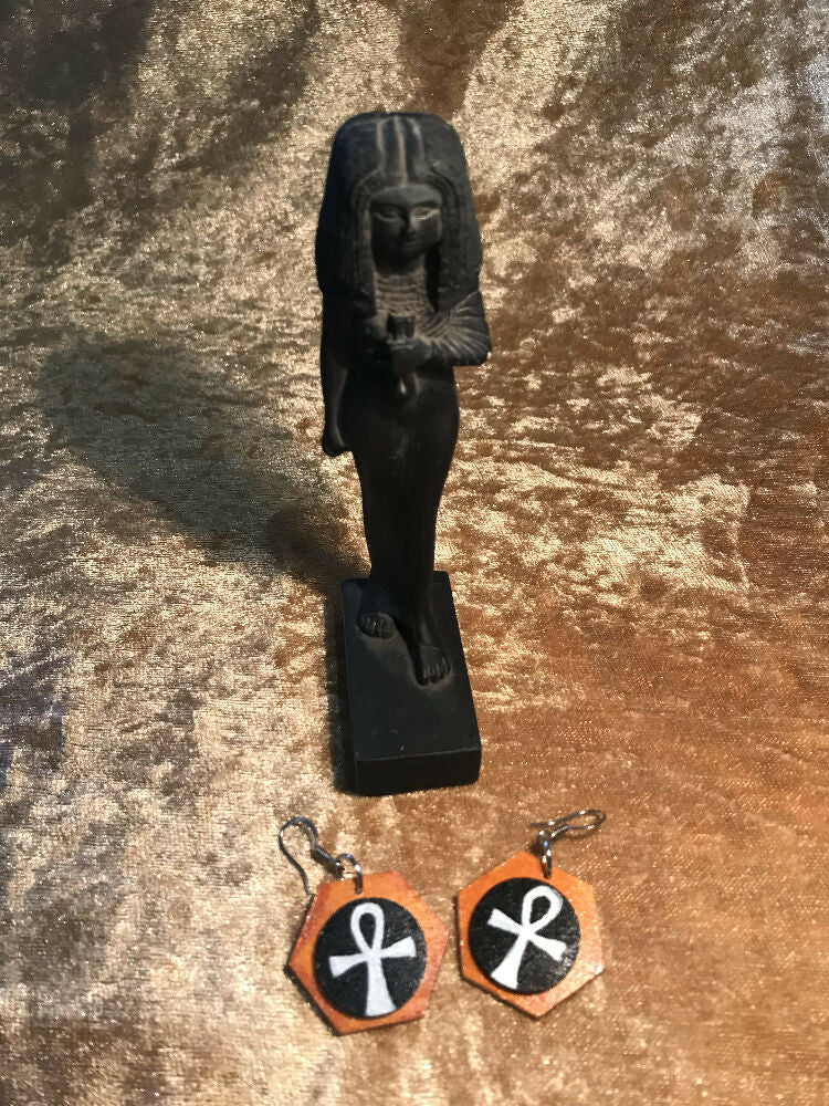 Hand Painted Wooden Earrings with Ankh Symbol