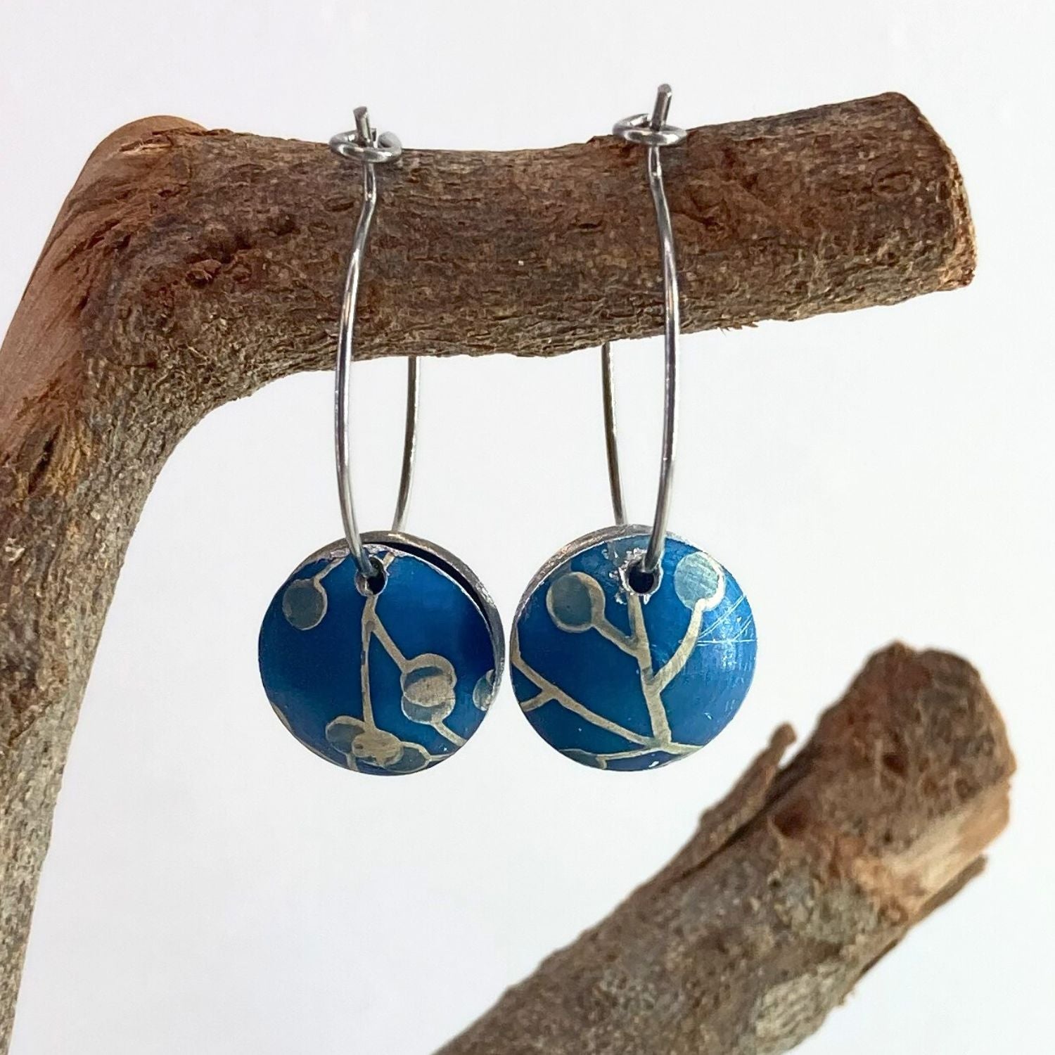 Anodised aluminium earrings hand printed Wattle and Sky Collection