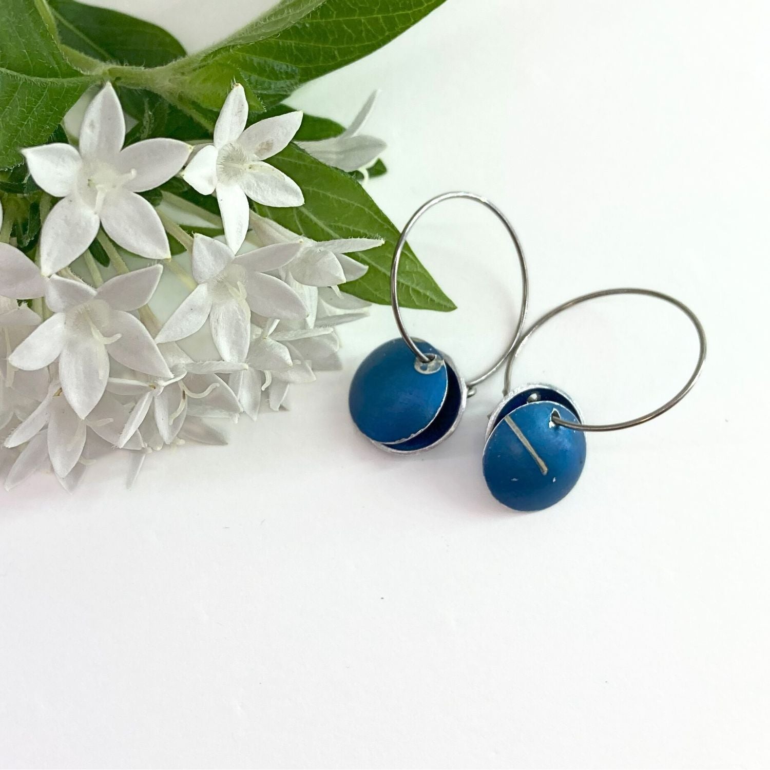 Anodised aluminium earrings hand printed Wattle and Sky Collection