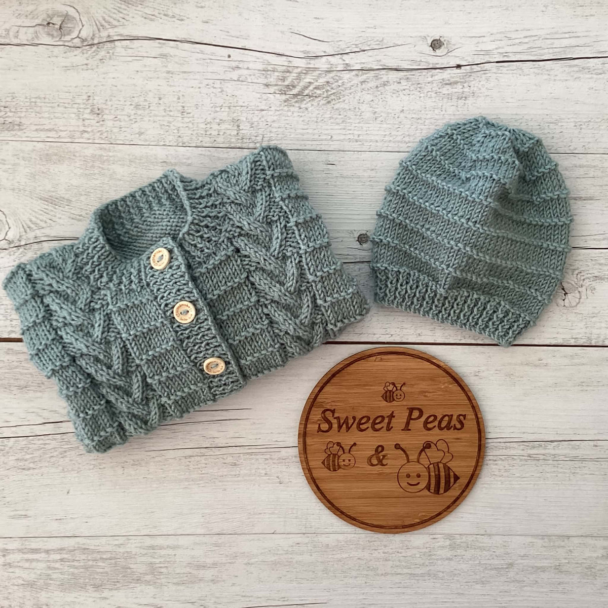 Baby Cardigan & Hat Size 3 to 6 months Sage Green