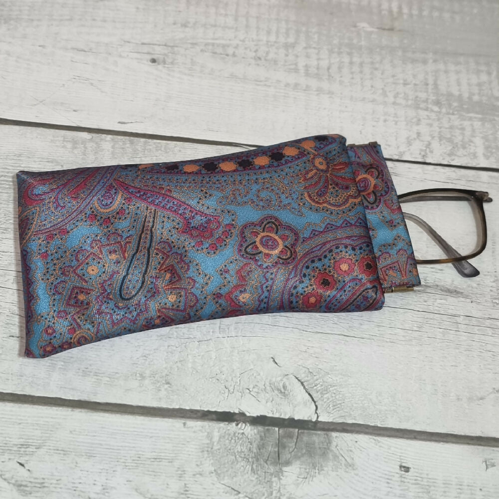 Flex frame glasses pouch, upcycled tie - teal, multicoloured paisley