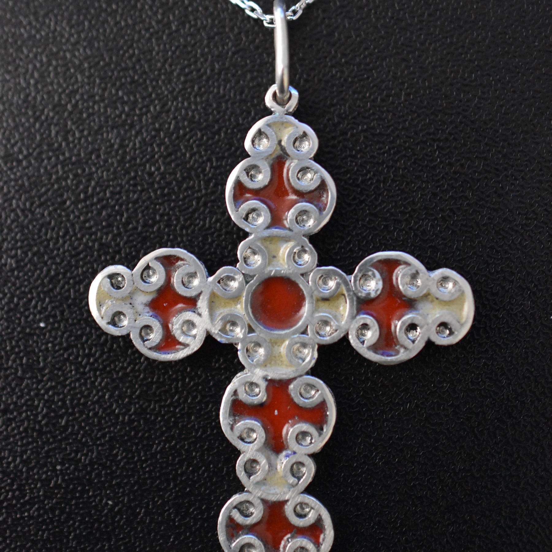 Enameled Cross in red & white enamel