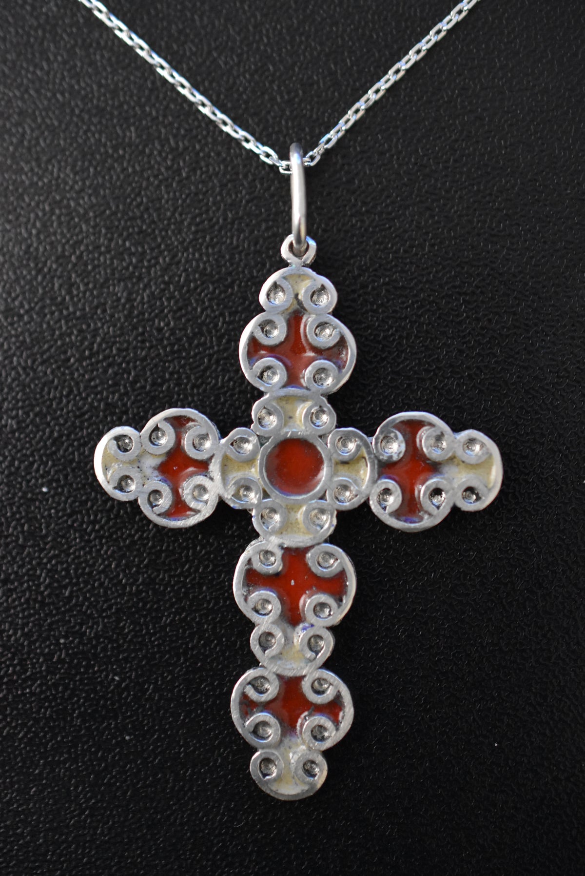 Enameled Cross in red & white enamel
