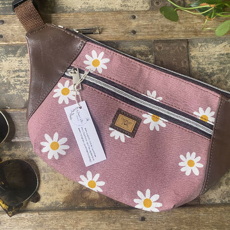 Bum/Waist/Hip Bag - Daisies on Pink/Dk. Brown Faux Leather