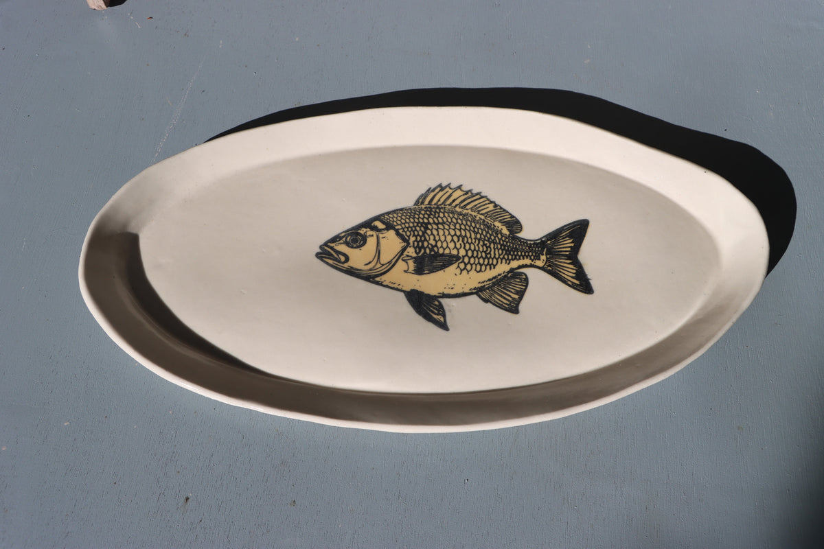 Hand Screen Printed Stoneware Plate:  Fish Design, Yellow and Black, or Black on White, Clear Glaze