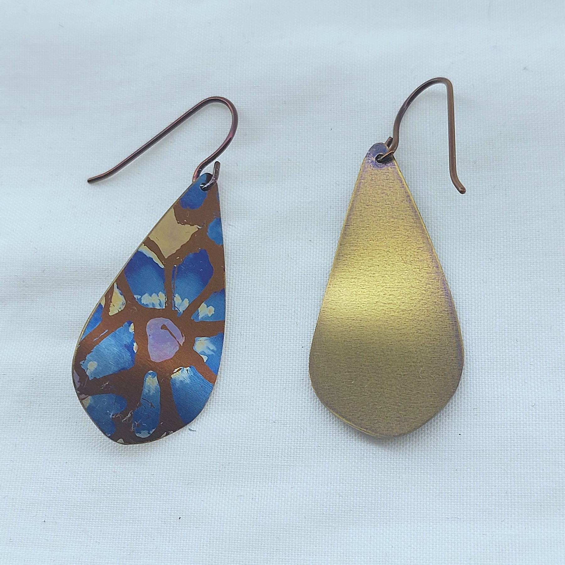 Titanium Teardrop Earrings Painted Flower Design- Gold, Blue and Bronze