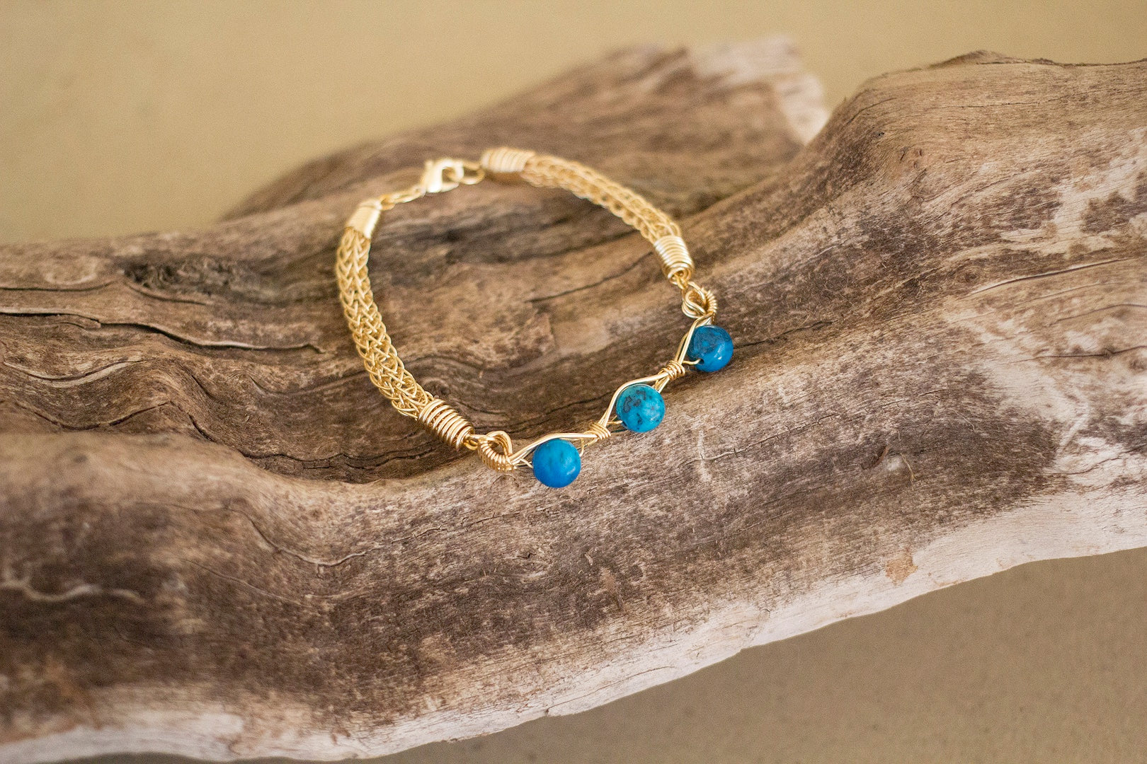 Gold Wire Knitted Bracelet With Blue Jasper Stone