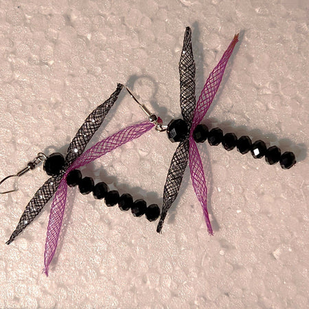 Dangle earrings. black and pink Dragonfly nylon mesh and crystals.