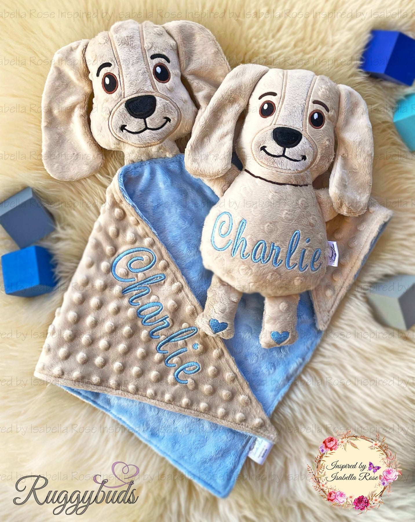 Baby comforter, Embroidered name, Puppy themed Ruggybud, Made to order