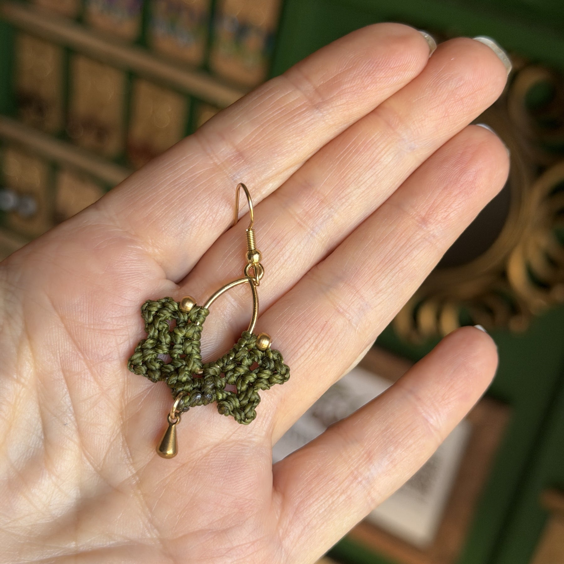 Macrame Brass Elipse Hoop with Leaf - earthy forest fae collection