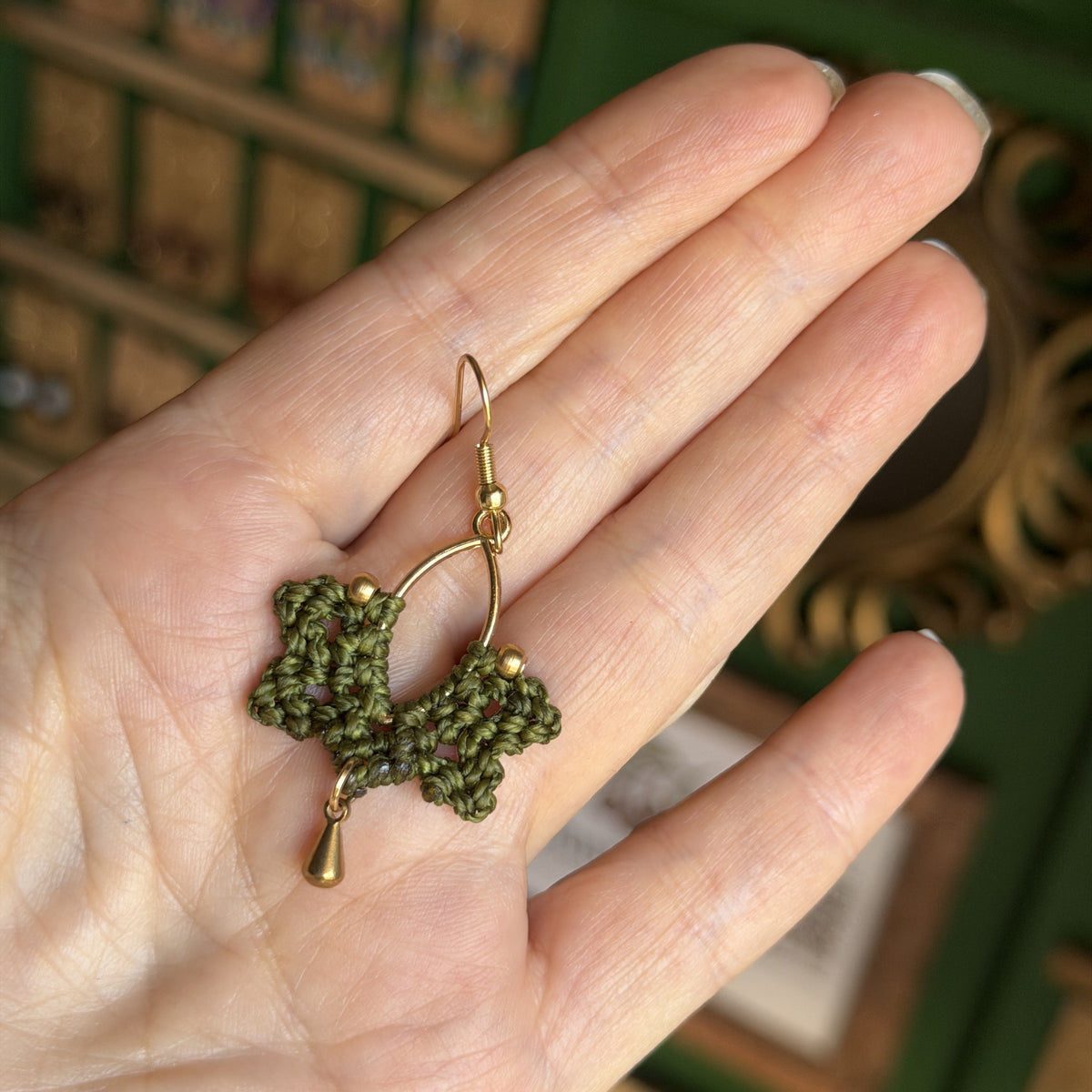 Macrame Brass Elipse Hoop with Leaf - earthy forest fae collection