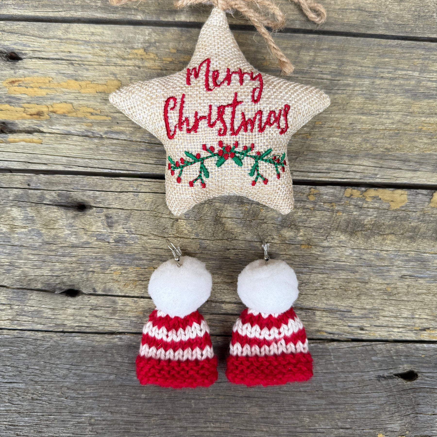 Christmas Beanie Earrings, Hand Knitted Mini Beanies