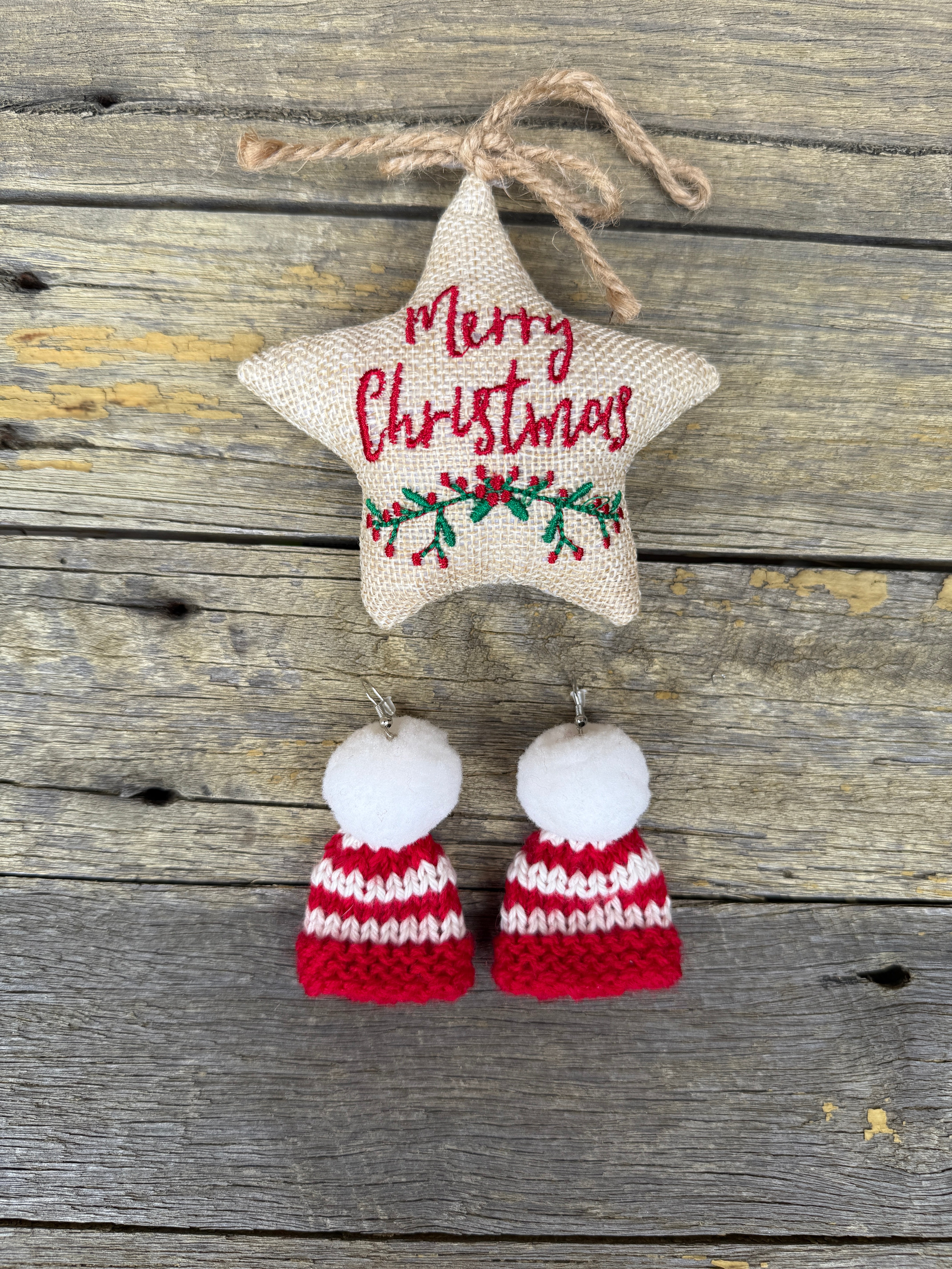 Christmas Beanie Earrings, Hand Knitted Mini Beanies