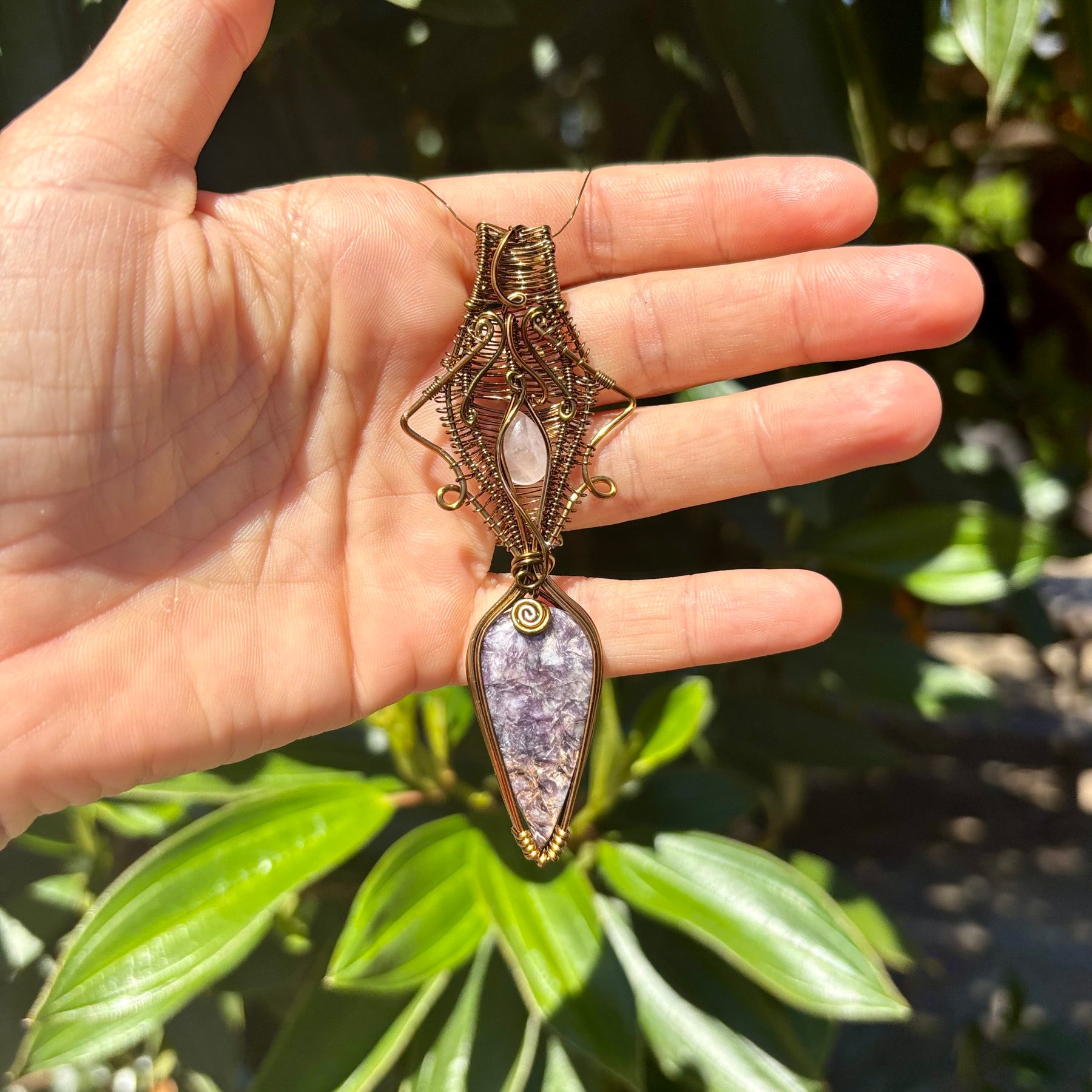 Rose Quartz Lepidolite Crystal pendant copper wire wrap