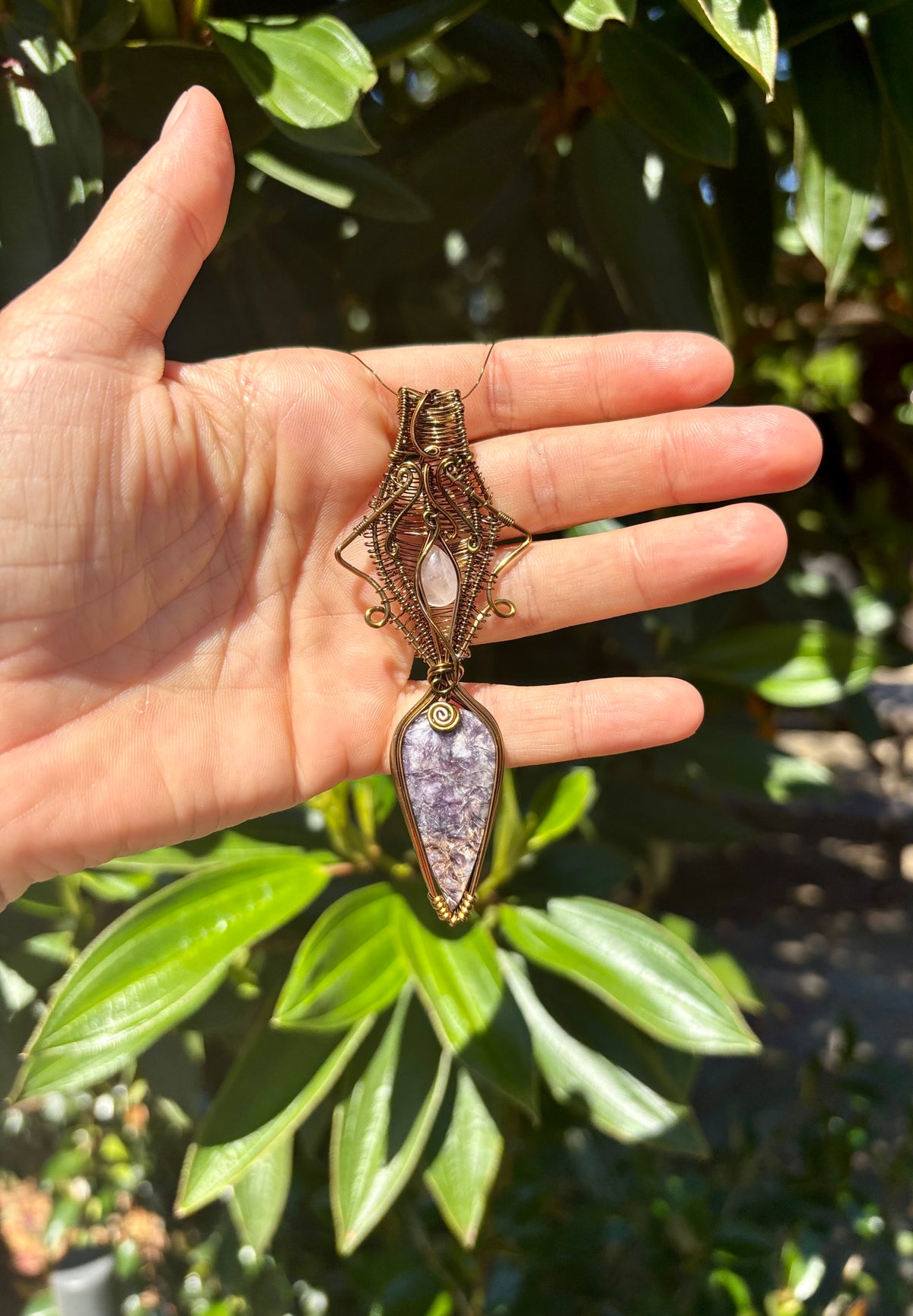 Rose Quartz Lepidolite Crystal pendant copper wire wrap